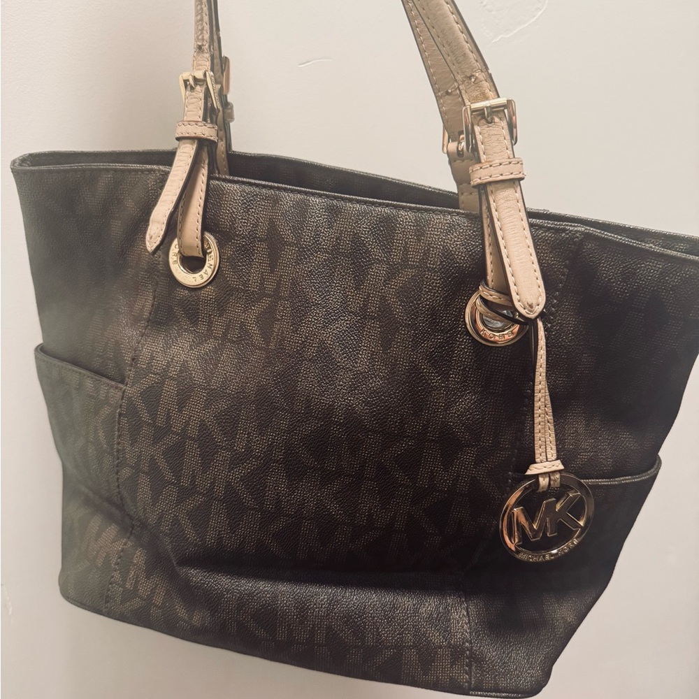 Michael Kors Black and Brown Shoulder Bag with Gold Hardware